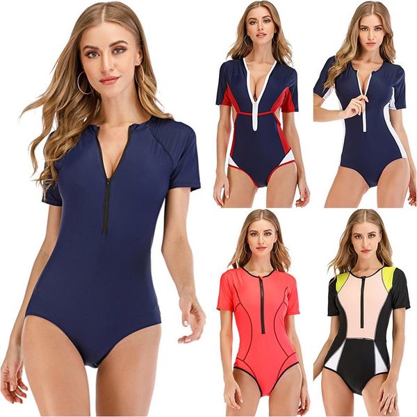 short sleeve monokini women solid patchwork swimsuit zipper rash guard s-2xl girl one piece suit high neck wet one-piece suits
short sleeve monokini women solid patchwork swimsuit zipper rash guard s-2xl girl one piece suit high neck wet one-piece suits