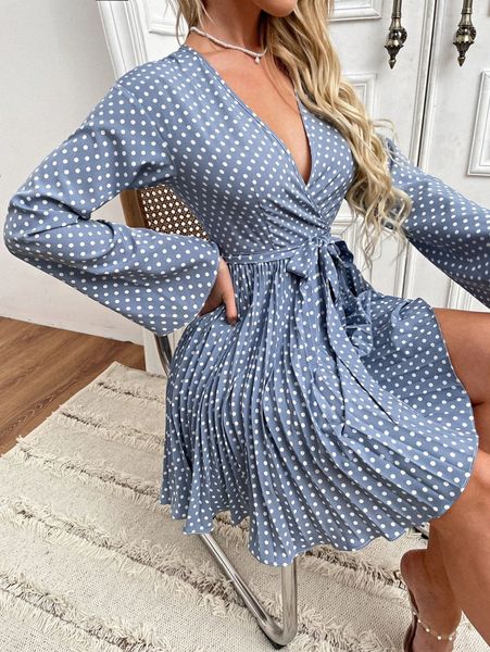 polka dot trumpet sleeve pleated hem belted dress h7yw#, Black;gray