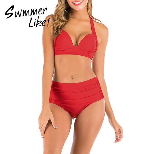 women's swimwear halter bikini set 2021 solid red swimsuit female triangle push up bathing suit high waist women summer bathers, White;black
women's swimwear halter bikini set 2021 solid red swimsuit female triangle push up bathing suit high waist women summer bathers, White;black
