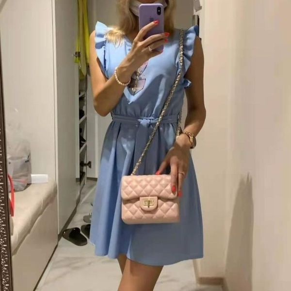 casual dresses summer elegant ruffle party dress women casualo-neck sleeveless lace-up skirt 2021 officelady fashion white pink robe, Black;gray