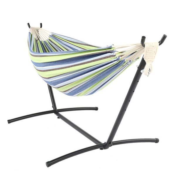 camp furniture polyester cotton hammock black steel pipe natural rope portable soft bed with frame green strip
camp furniture polyester cotton hammock black steel pipe natural rope portable soft bed with frame green strip