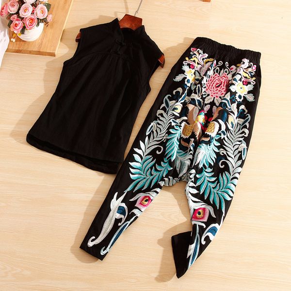 pants 2 piece set women vintage chinese style fashion runway black shirt + embroidery floral harem pants lady suit s-xxl, White
pants 2 piece set women vintage chinese style fashion runway black shirt + embroidery floral harem pants lady suit s-xxl, White
