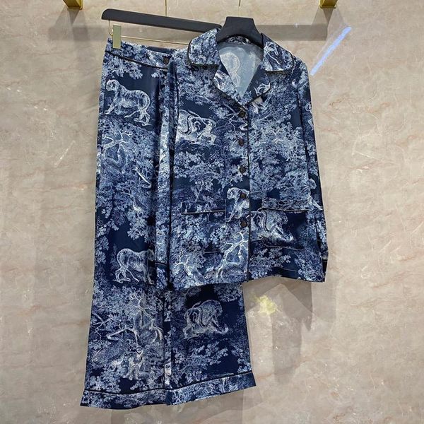 women's two piece pants high-end 2 home suit for women autumn 2021 jungle animal print long sleeve shirts with loose high waist, White