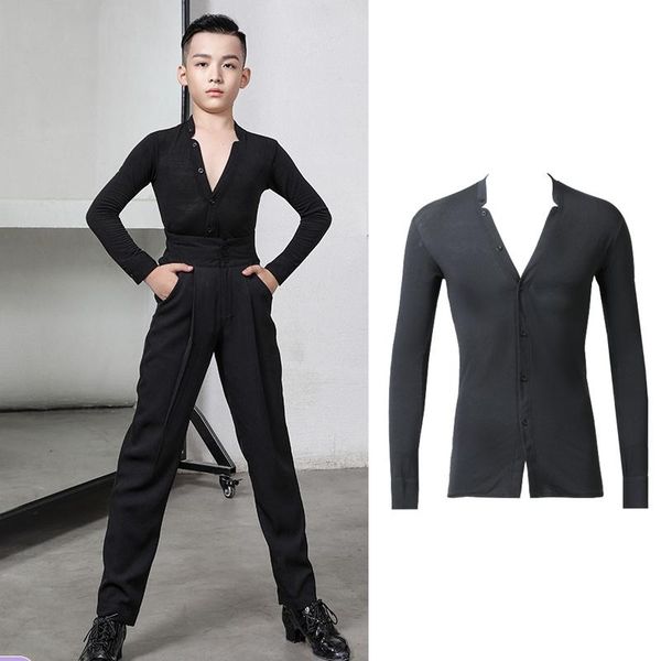 stage wear boys latin dance costumes long sleeved v-neck shirts performance chacha samba tango practice dqs7920, Black;red 
stage wear boys latin dance costumes long sleeved v-neck shirts performance chacha samba tango practice dqs7920, Black;red