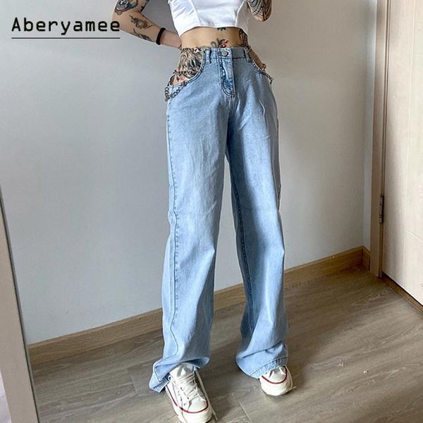 women's jeans aberyamee baggy women denim long pants with high waist chain hollow button casual ladies street outwear, Blue
women's jeans aberyamee baggy women denim long pants with high waist chain hollow button casual ladies street outwear, Blue