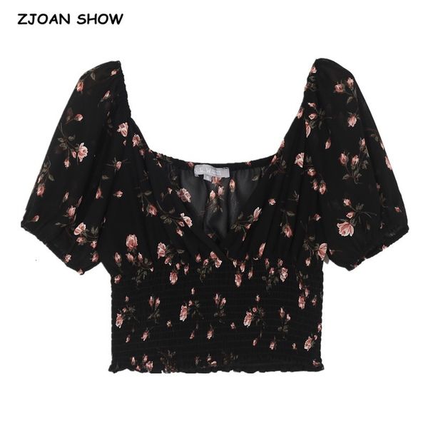women's blouses & shirts summer cross v neck women short sleeve shirt france style retro elastic ruched rose print slim fit croppe, White
women's blouses & shirts summer cross v neck women short sleeve shirt france style retro elastic ruched rose print slim fit croppe, White