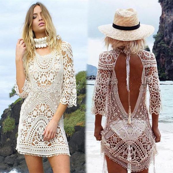 women's swimwear beach vacation sunscreen hollow lace crocheted back dress bikini blouse, White;black
women's swimwear beach vacation sunscreen hollow lace crocheted back dress bikini blouse, White;black