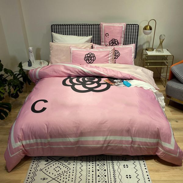 Image of Luxury pink designer bedding sets silk letter printed queen size duvet cover bed sheet fashion pillowcases comforter set