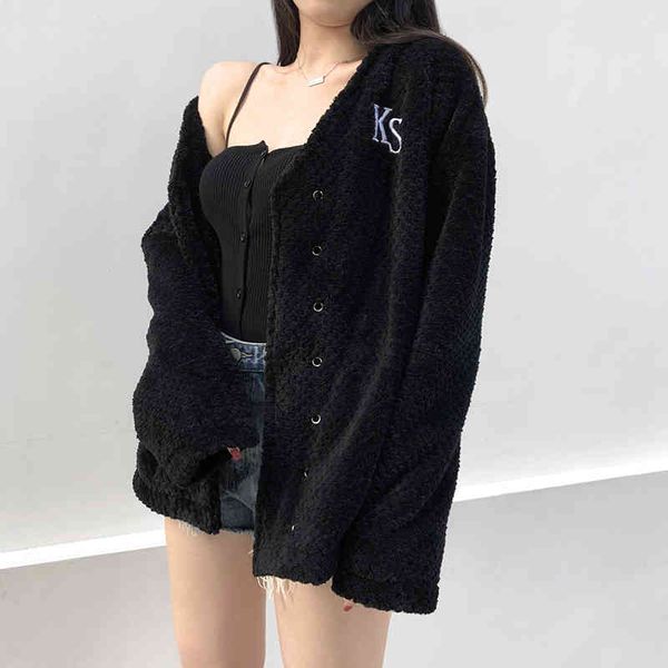 letter embroidery soft plush furry oversized coat women's autumn winter bomber jacket bandage long sleeve v neck female 210415, Black;brown
letter embroidery soft plush furry oversized coat women's autumn winter bomber jacket bandage long sleeve v neck female 210415, Black;brown