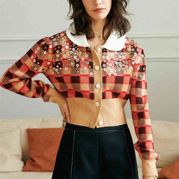 t shirt women plaid cropped cardigan fashion brand designer turn-down collar sequin floral knit jacket short brown sweater, White
t shirt women plaid cropped cardigan fashion brand designer turn-down collar sequin floral knit jacket short brown sweater, White