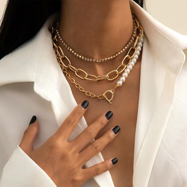 lacteo 3pcs/set shiny rhinestone clavicle choker necklace steampunk imitation pearl metal asymmetric chain jewelry pendant necklaces, Silver
lacteo 3pcs/set shiny rhinestone clavicle choker necklace steampunk imitation pearl metal asymmetric chain jewelry pendant necklaces, Silver