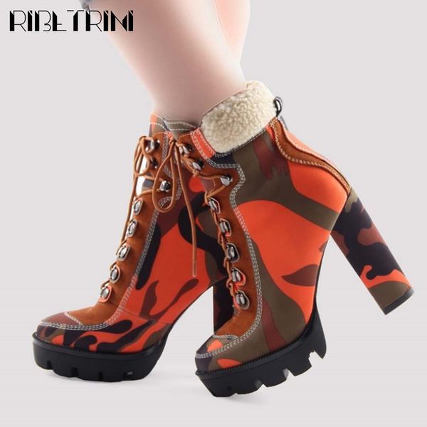 boots ins lady camouflage zipper block heel shoes ankle women metal brand party desin boots, Black