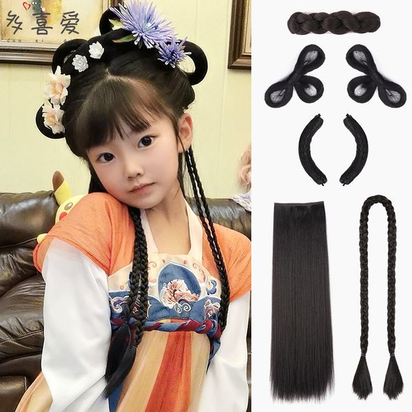 hanfu wig children's antique bun girl's horn hair braid twist combination modeling, Black
hanfu wig children's antique bun girl's horn hair braid twist combination modeling, Black