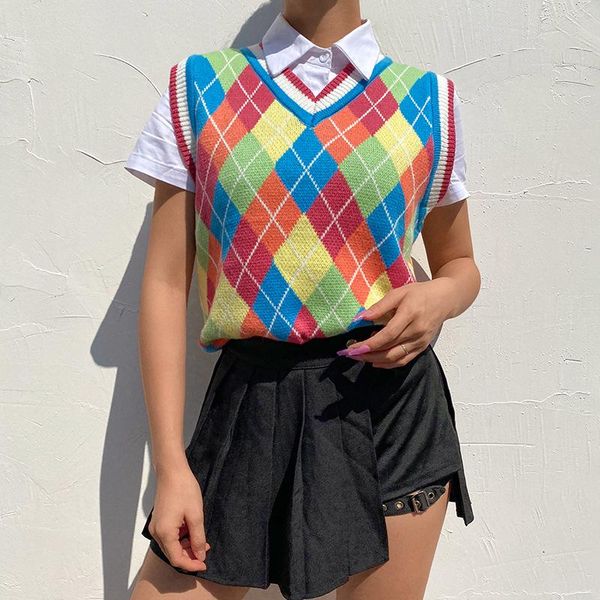 women's vests argyle sweater autumn winter sleeveless women v neck rainbow color vest pull sans manches femme chaleco punto mujer 2021, Black;white
women's vests argyle sweater autumn winter sleeveless women v neck rainbow color vest pull sans manches femme chaleco punto mujer 2021, Black;white