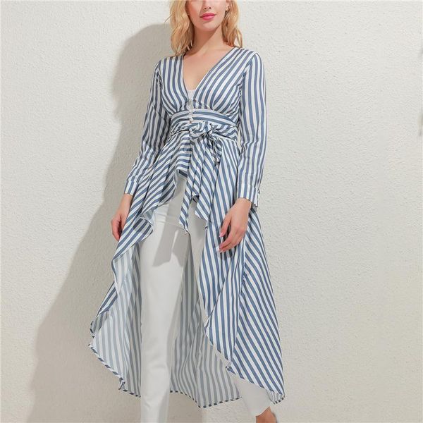 women's blouses & shirts spring autumn women blouse strips v-neck irregular long office striped high low tunic, White
women's blouses & shirts spring autumn women blouse strips v-neck irregular long office striped high low tunic, White