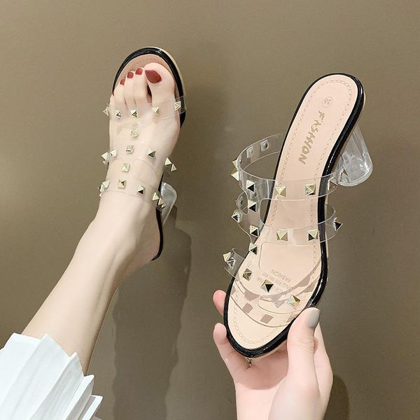 slippers net red women's wear 2021 summer versatile fashion rivet transparent crystal high heel shoes thick sandals, Black
slippers net red women's wear 2021 summer versatile fashion rivet transparent crystal high heel shoes thick sandals, Black