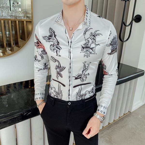 man 2021 autumn self-cultivation long sleeve shirt male flower mythical animals printing korean clothes men vetement homme men's dress, White;black
man 2021 autumn self-cultivation long sleeve shirt male flower mythical animals printing korean clothes men vetement homme men's dress, White;black