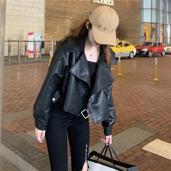 women's leather & faux simple classic turndown thin motorcycle style female jacket long sleeve temperament outwear gorgeous chic, Black
women's leather & faux simple classic turndown thin motorcycle style female jacket long sleeve temperament outwear gorgeous chic, Black