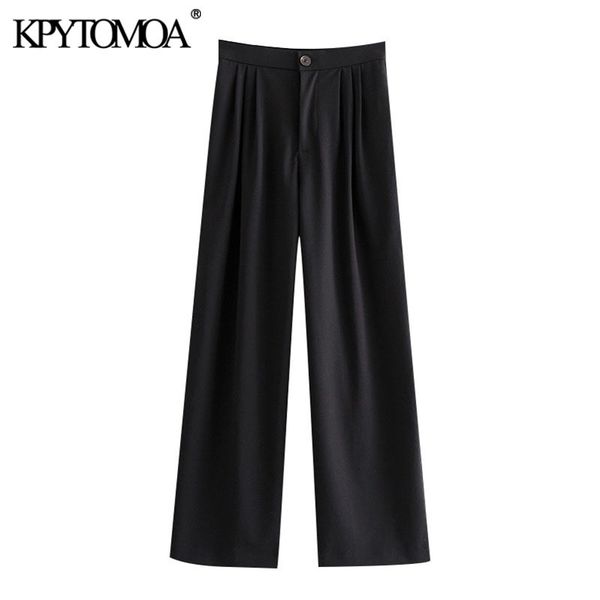 women elegant fashion office wear pleated wide leg pants vintage high waist side pockets female trousers mujer 210416, Black;white
women elegant fashion office wear pleated wide leg pants vintage high waist side pockets female trousers mujer 210416, Black;white