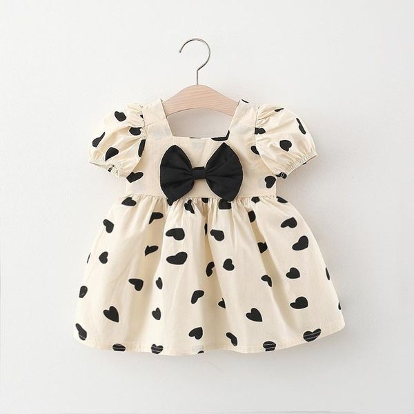 summer born baby girls dresses korean kids clothes cute puff sleeve heart printed birthday princess bow dress toddler vestido girl's, Red;yellow