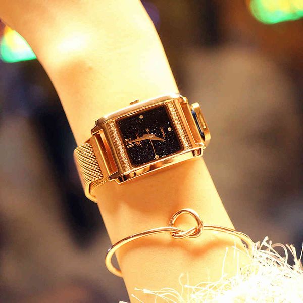 watch korean women's quartz waterproof square magnet lazy net belt, Slivery;brown