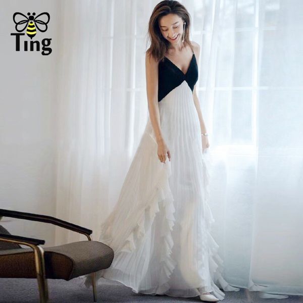 france street fashion black vs white color hit summer dress v neck ruffles pleated long vestido party clothes 210513, Black;gray
france street fashion black vs white color hit summer dress v neck ruffles pleated long vestido party clothes 210513, Black;gray