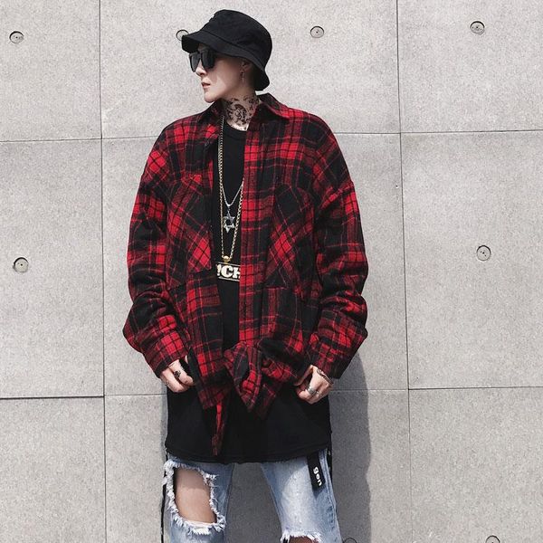 men's clothing long plaid shirt male autumn thick sleeved loose sanding hip-hop size singer costumes casual shirts, White;black
men's clothing long plaid shirt male autumn thick sleeved loose sanding hip-hop size singer costumes casual shirts, White;black