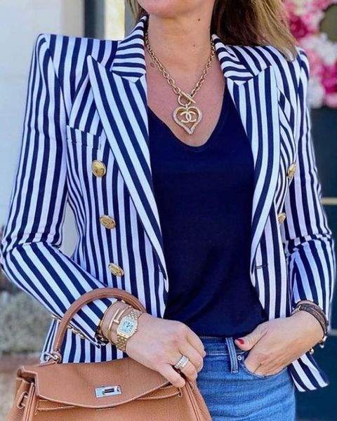 women's suits & blazers striped suit office wear 2021 autumn fashion blue slim women casual female, White;black
women's suits & blazers striped suit office wear 2021 autumn fashion blue slim women casual female, White;black