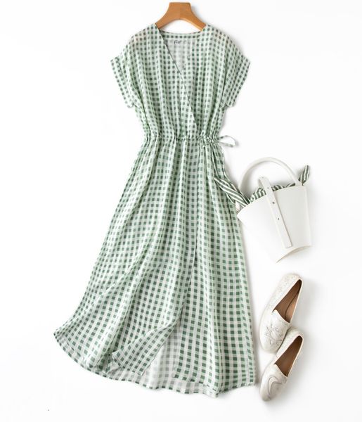 dress women's 100% mulberry silk short sleeve black checks long dress v neck belted waist l xl jn509, Black;gray