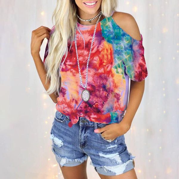 women's t-shirt 2021 casual off shoulder summer loose short sleeve tie dry printed tee ropa mujer, White
women's t-shirt 2021 casual off shoulder summer loose short sleeve tie dry printed tee ropa mujer, White