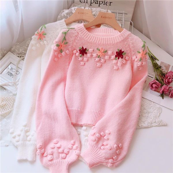 women's sweaters 2021 winter girl japanese sweet embroidered flower salt gentle sweater lantern sleeve knit top, White;black
women's sweaters 2021 winter girl japanese sweet embroidered flower salt gentle sweater lantern sleeve knit top, White;black