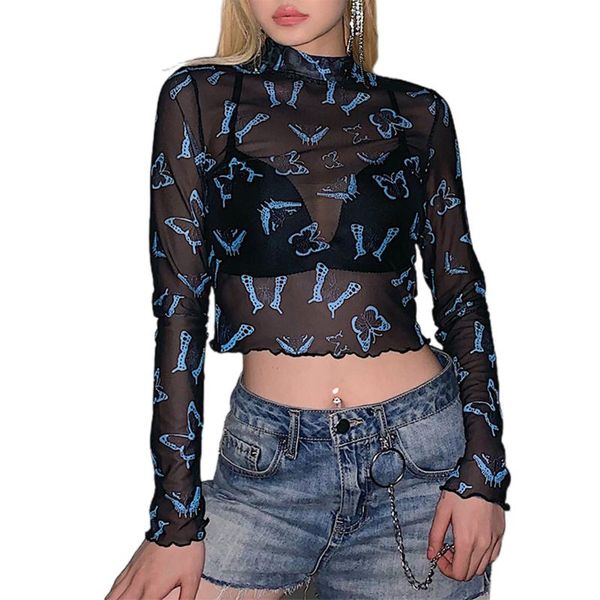women's t-shirt women summer long-sleeved personality butterfly pattern mesh yarn perspective, White
women's t-shirt women summer long-sleeved personality butterfly pattern mesh yarn perspective, White