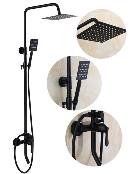 bathroom black shower set wall mounted rainfall mixer tap faucet 3-functions valve with hand sets
