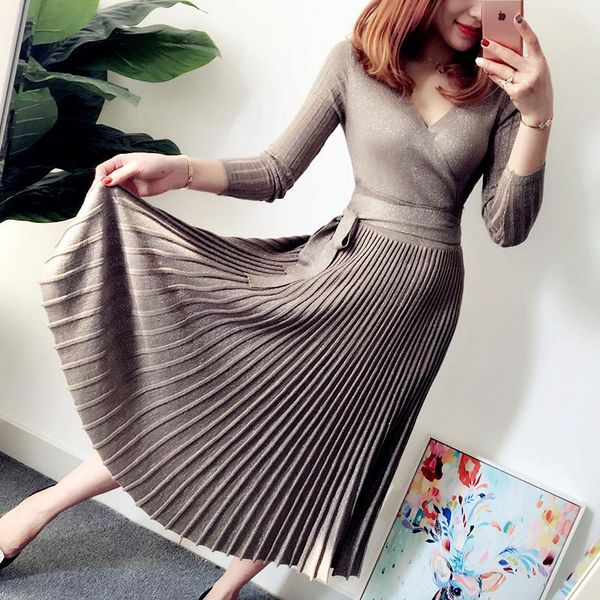 casual dresses women dress autumn v-neck bright pleated high waist knit female tie slim swing sweater, Black;gray 
casual dresses women dress autumn v-neck bright pleated high waist knit female tie slim swing sweater, Black;gray