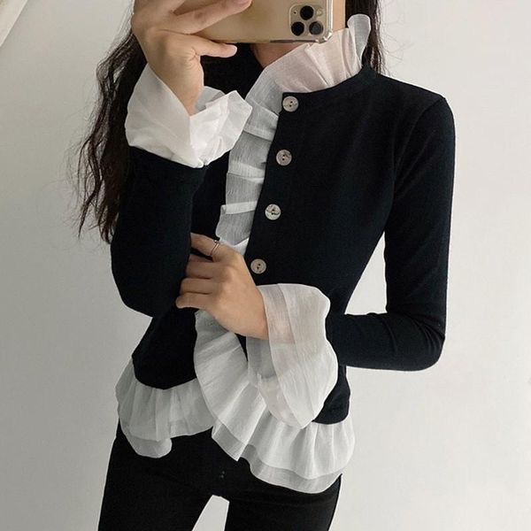 women's knits & tees 2021 autumn winter patchwork ruffles sweater cardigan for women vintage flare long sleeve korean cardigans you884, White
women's knits & tees 2021 autumn winter patchwork ruffles sweater cardigan for women vintage flare long sleeve korean cardigans you884, White