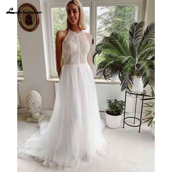2021 new boho halter chiffon a line es seen through lace applique illusion backless summer beach wedding bridal vuou, White
2021 new boho halter chiffon a line es seen through lace applique illusion backless summer beach wedding bridal vuou, White