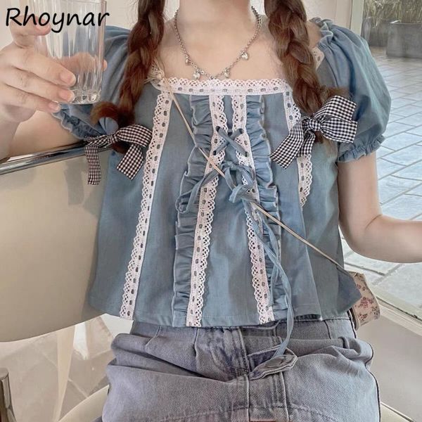 women's blouses & shirts women japanese lace puff sleeve sweet preppy blue ins patchwork students summer cropped kawaii breathable aest, White
women's blouses & shirts women japanese lace puff sleeve sweet preppy blue ins patchwork students summer cropped kawaii breathable aest, White
