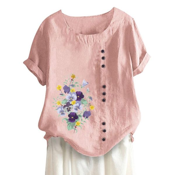women t shirt o-neck short sleeve floral print buttons cotton linen vintage blouse tee femme crop clothing women's t-shirt, White
women t shirt o-neck short sleeve floral print buttons cotton linen vintage blouse tee femme crop clothing women's t-shirt, White