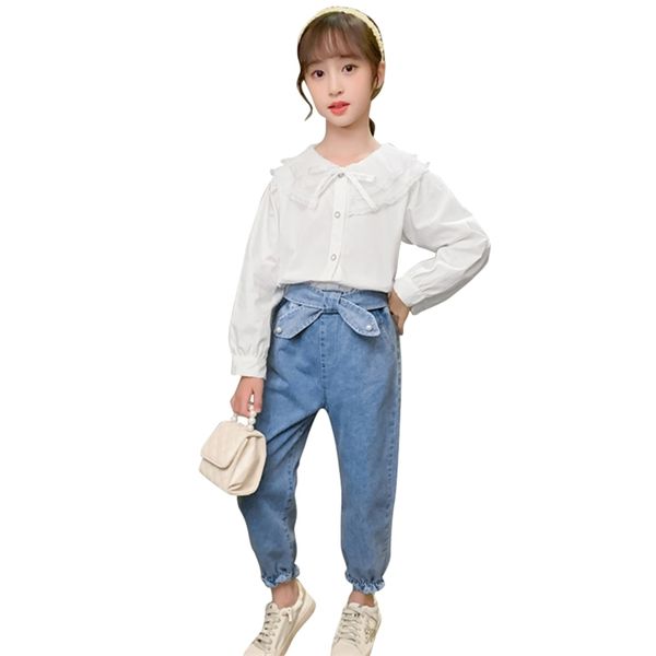 teen girls clothing white blouse + jeans costume for bow clothes set spring autumn school costumes children 210528
teen girls clothing white blouse + jeans costume for bow clothes set spring autumn school costumes children 210528