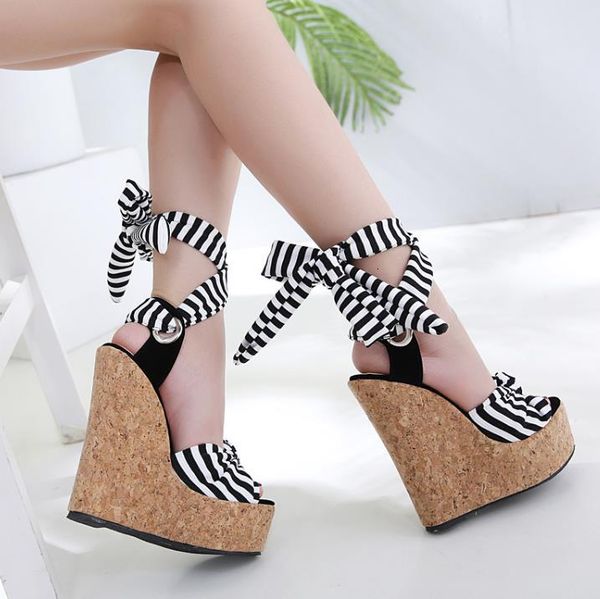sandals 16cm navy stripes ankle wrappy platform wee high heel ladies summer shoes size 35 to 40, Black
sandals 16cm navy stripes ankle wrappy platform wee high heel ladies summer shoes size 35 to 40, Black