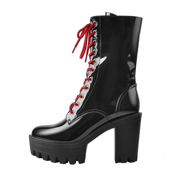 boots onlymaker primavera outono plataforma ankle boots preto couro de patente vermelho laço-up robusto sapatos salto alto zíper lateral par, Black
boots onlymaker primavera outono plataforma ankle boots preto couro de patente vermelho laço-up robusto sapatos salto alto zíper lateral par, Black