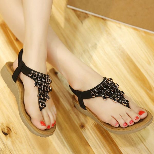 women's sandals bohemian rhinestone flats beach shoes elastic clip toe slippers, Black
women's sandals bohemian rhinestone flats beach shoes elastic clip toe slippers, Black