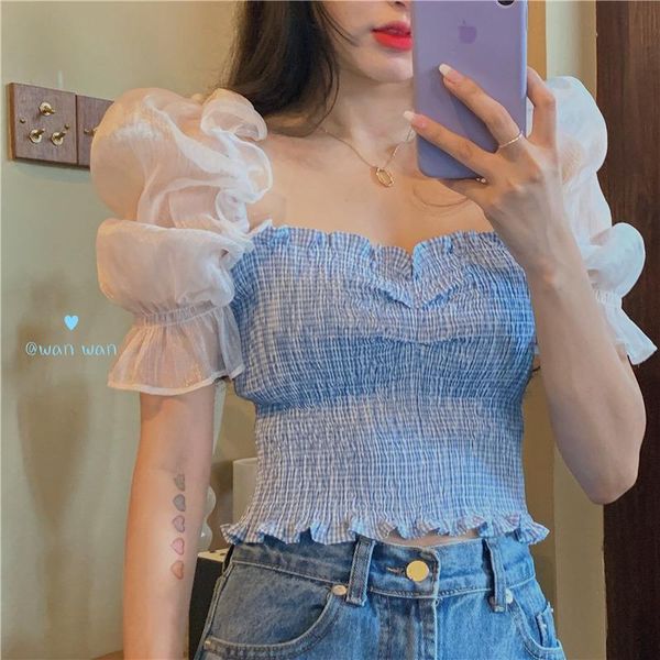 retro plaid chiffon shirt women 2021 summer slim-fit pleated square collar blouse clavicle short puff sleeve women's blouses & shirts, White
retro plaid chiffon shirt women 2021 summer slim-fit pleated square collar blouse clavicle short puff sleeve women's blouses & shirts, White