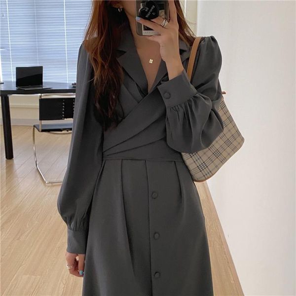 autumn casual suit collar women dress korean long sleeve office lady lace up midi one piece woman a-line dresses, Black;gray
autumn casual suit collar women dress korean long sleeve office lady lace up midi one piece woman a-line dresses, Black;gray