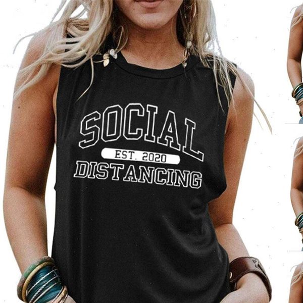 social est womens camis distancing print women tank o neck sleeveless oversized gothic female harajuku summer clothes, White