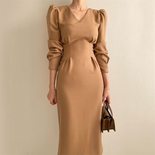 chic elegant slim waist dress woman v-neck puff sleeve vestido feminino korean brown solid dresses female spring clothing 210603, Black;gray
chic elegant slim waist dress woman v-neck puff sleeve vestido feminino korean brown solid dresses female spring clothing 210603, Black;gray