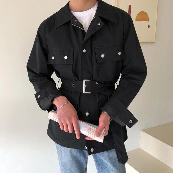 men's jackets wear jacket 2021 autumn short style loose coat for men belt single breasted with pocket, Black;brown
men's jackets wear jacket 2021 autumn short style loose coat for men belt single breasted with pocket, Black;brown
