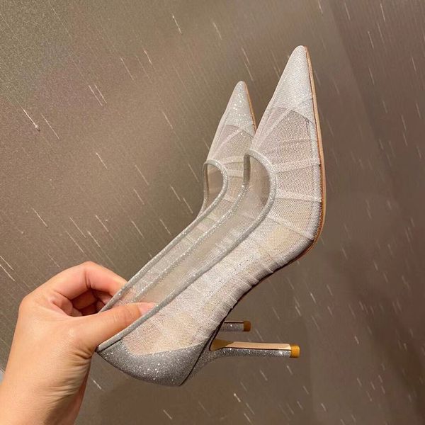 banquet dinner shoes pointed heels women summer sandals fairy sequin bridesmaid lace mesh high, Black