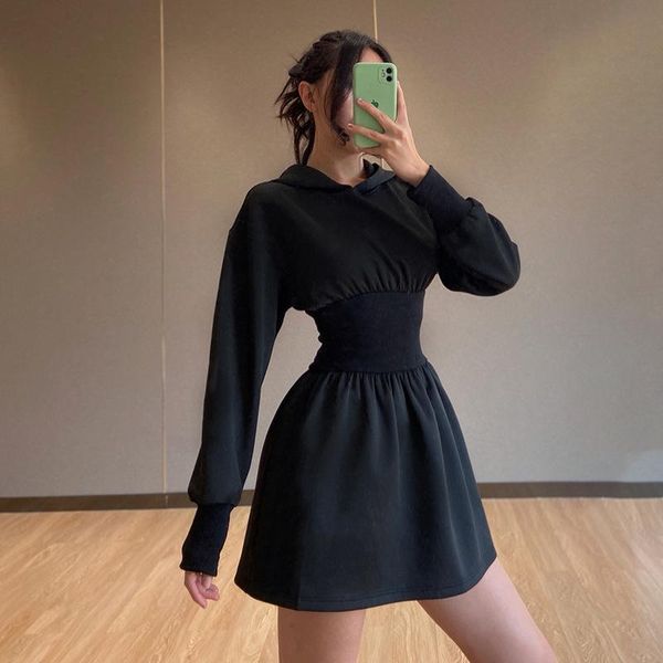 casual dresses black long-sleeved dress 2021 arrival hooded tight waist short for women autumn solid color evening club outfits, Black;gray 
casual dresses black long-sleeved dress 2021 arrival hooded tight waist short for women autumn solid color evening club outfits, Black;gray