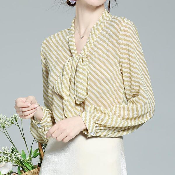 women's blouses & shirts chic striped bow long sleeve v-neck shirt summer thin temperament chiffon, White
women's blouses & shirts chic striped bow long sleeve v-neck shirt summer thin temperament chiffon, White